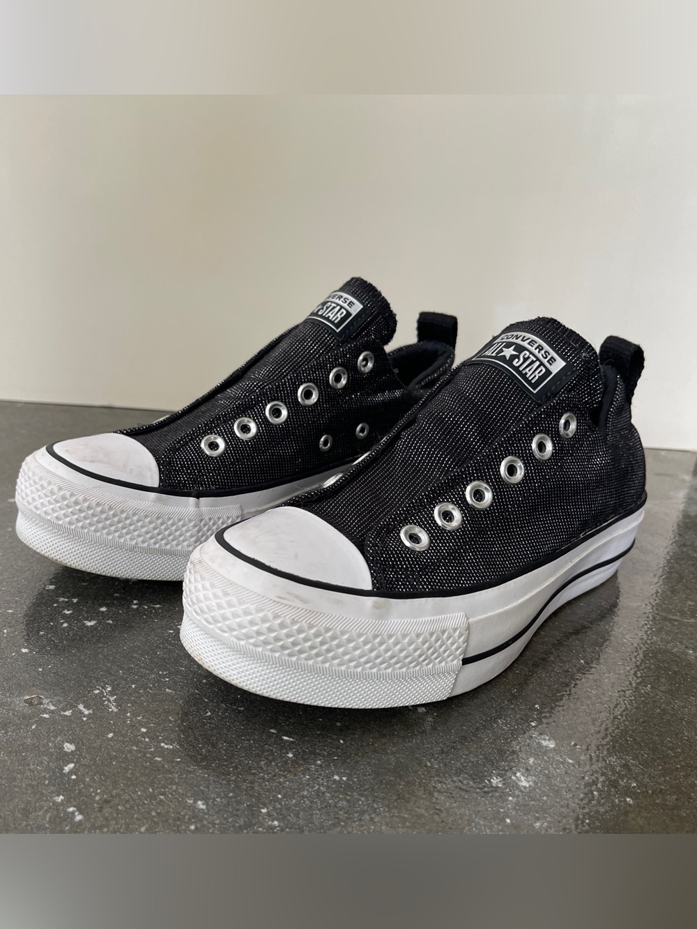 Converse Black Canvas Platform Slip-On Sneakers with Shimmer